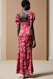 Sheath Red Printed Puff Sleeve Wedding Guest Dress