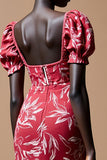 Sheath Red Printed Puff Sleeve Wedding Guest Dress