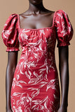 Sheath Red Printed Puff Sleeve Wedding Guest Dress