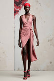 Halter Ruched Pink A Line Wedding Guest Dress With Slit