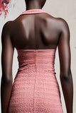 Halter Ruched Pink A Line Wedding Guest Dress With Slit