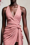 Halter Ruched Pink A Line Wedding Guest Dress With Slit