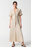 Grey Shawl Lapel Buttons Long Work Dress with Pockets