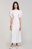 White Round Neck Satin Long Graduation Dress with Puff Sleeves