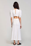 White Round Neck Satin Long Graduation Dress with Puff Sleeves