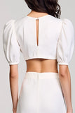 White Round Neck Satin Long Graduation Dress with Puff Sleeves