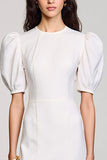 White Round Neck Satin Long Graduation Dress with Puff Sleeves