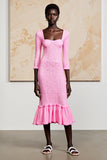 Pink Ruffled Square Neck Midi Wedding Guest Dress with Half Sleeves