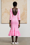 Pink Ruffled Square Neck Midi Wedding Guest Dress with Half Sleeves