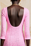 Pink Ruffled Square Neck Midi Wedding Guest Dress with Half Sleeves