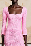 Pink Ruffled Square Neck Midi Wedding Guest Dress with Half Sleeves