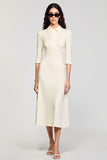 Ivory Sheath Satin Midi Work Dress with Half Sleeves