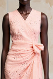 Pink Lace V-Neck Ruched Long Summer Dress with Slit