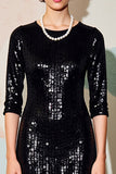 Sparkly Black Sequins Round Neck Midi Formal Dress Half Sleeves