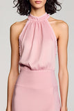 Pink Halter Backless Midi Wedding Guest Dress with Slit