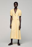 Yellow Notched Lapel Satin Midi Work Dress with Short Sleeves