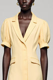 Yellow Notched Lapel Satin Midi Work Dress with Short Sleeves