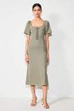 Grey Square Neck Satin Midi Wedding Guest Dress with Short Sleeves