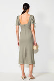 Grey Square Neck Satin Midi Wedding Guest Dress with Short Sleeves
