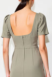 Grey Square Neck Satin Midi Wedding Guest Dress with Short Sleeves