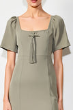 Grey Square Neck Satin Midi Wedding Guest Dress with Short Sleeves