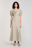 Grey Cowl Neck Satin Long Wedding Guest Dress with Puff Sleeves