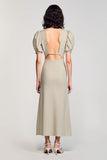 Grey Cowl Neck Satin Long Wedding Guest Dress with Puff Sleeves