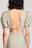 Grey Cowl Neck Satin Long Wedding Guest Dress with Puff Sleeves