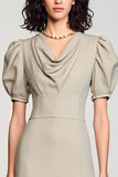 Grey Cowl Neck Satin Long Wedding Guest Dress with Puff Sleeves