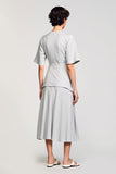Grey Satin 2 Piece Round Neck Midi Business Suits with Half Sleeves