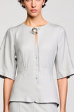 Grey Satin 2 Piece Round Neck Midi Business Suits with Half Sleeves