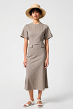 Grey Satin Round Neck Midi Wedding Guest Dress with Short Sleeves