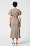 Grey Satin Round Neck Midi Wedding Guest Dress with Short Sleeves
