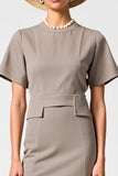 Grey Satin Round Neck Midi Wedding Guest Dress with Short Sleeves
