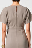 Grey Satin Round Neck Midi Wedding Guest Dress with Short Sleeves