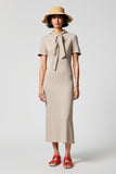 Simple Grey Satin Midi Wedding Guest Dress with Short Sleeves