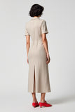 Simple Grey Satin Midi Wedding Guest Dress with Short Sleeves