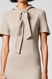 Simple Grey Satin Midi Wedding Guest Dress with Short Sleeves
