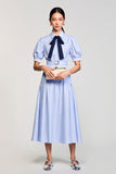 Blue A Line Cotton Striped Wedding Guest Dress