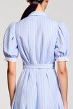 Blue A Line Cotton Striped Wedding Guest Dress