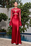Red Lace Satin Sheath Wedding Guest Dress