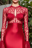 Red Lace Satin Sheath Wedding Guest Dress