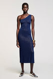 Dark Blue One Shoulder Jersey Wedding Guest Dress
