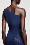 Dark Blue One Shoulder Jersey Wedding Guest Dress