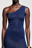 Dark Blue One Shoulder Jersey Wedding Guest Dress