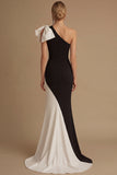 One Shoulder Black and White Sheath Evening Dress with Bow