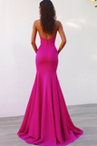 Deep V Neck Halter Mermaid Fuchsia Evening Dress