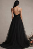 Black A Line Tulle Spaghetti Straps Long Evening Dress with Slit