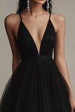 Black A Line Tulle Spaghetti Straps Long Evening Dress with Slit