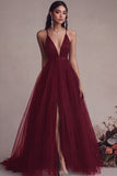 Black A Line Tulle Spaghetti Straps Long Evening Dress with Slit